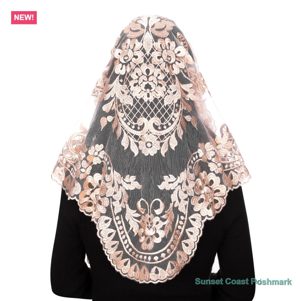 Lace Floral Embroidered Mantilla Veil Beige Champagne Scalloped Edge New